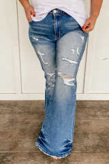Sky Blue Plus Size Distressed Flare Jeans PL787012-4