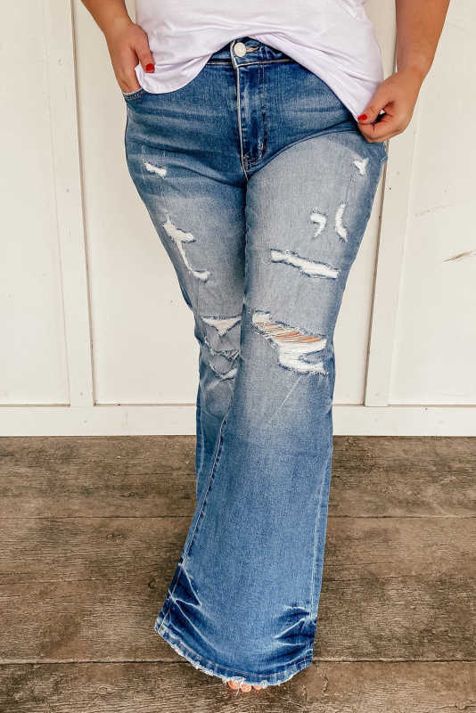 Sky Blue Plus Size Distressed Flare Jeans PL787012-4