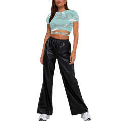 Aquamarine Dragon Print Short Sleeve Crop Top TQK210696-45