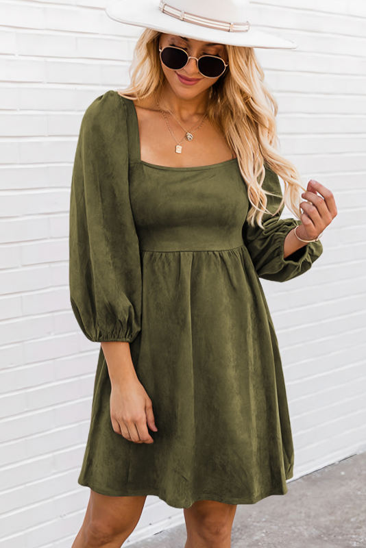 Pickle Green Suede Square Neck Puff Sleeve Dress