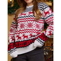 White Snowflake Pattern Round Neck Chrismas Sweater