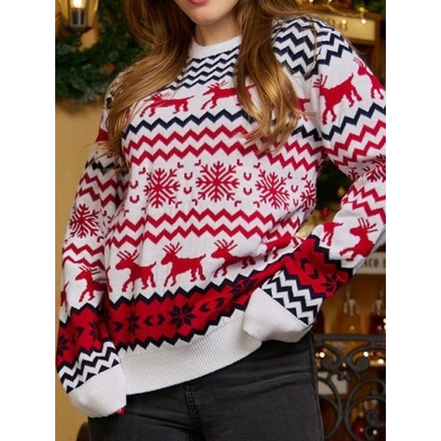 White Snowflake Pattern Round Neck Chrismas Sweater