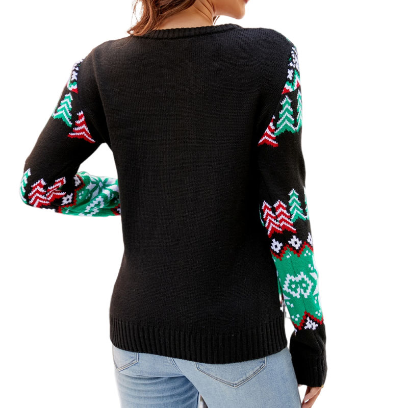 Black Cartoon Pattern Christmas Knit Sweater