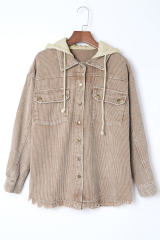 Khaki Patchwork Hooded Corduroy Shacket