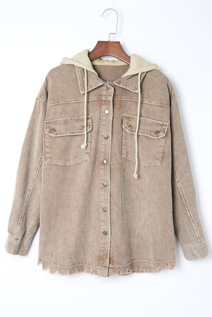 Khaki Patchwork Hooded Corduroy Shacket