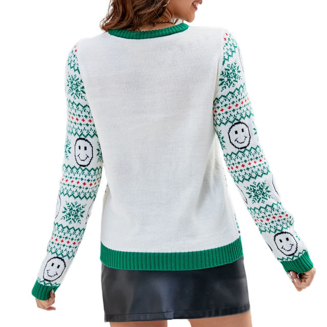 Green Holloween Pullover Smile Pattern Knit Sweater