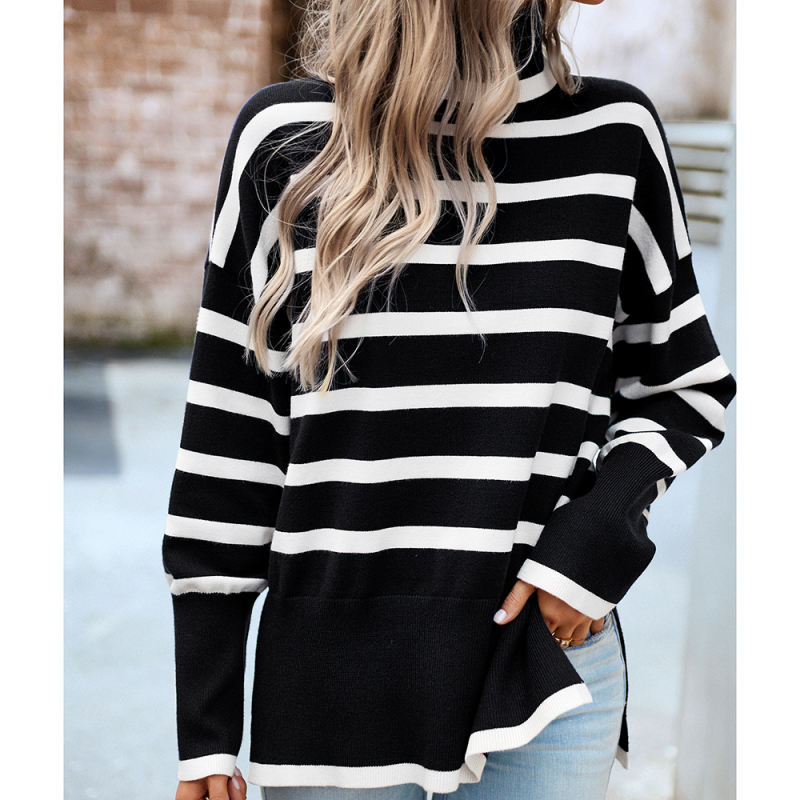 Black Striped Turtleneck Loose Style Knit Sweater
