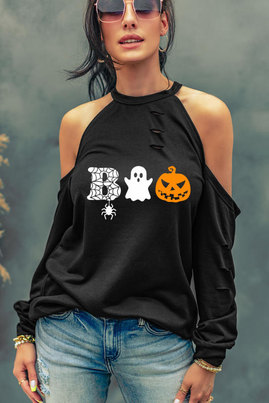 Black Halloween BOO Distressed Cold Shoulder Graphic T Shirt