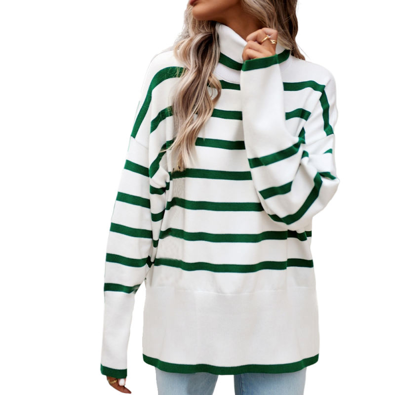 Green Striped Turtleneck Loose Style Knit Sweater