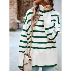 Green Striped Turtleneck Loose Style Knit Sweater