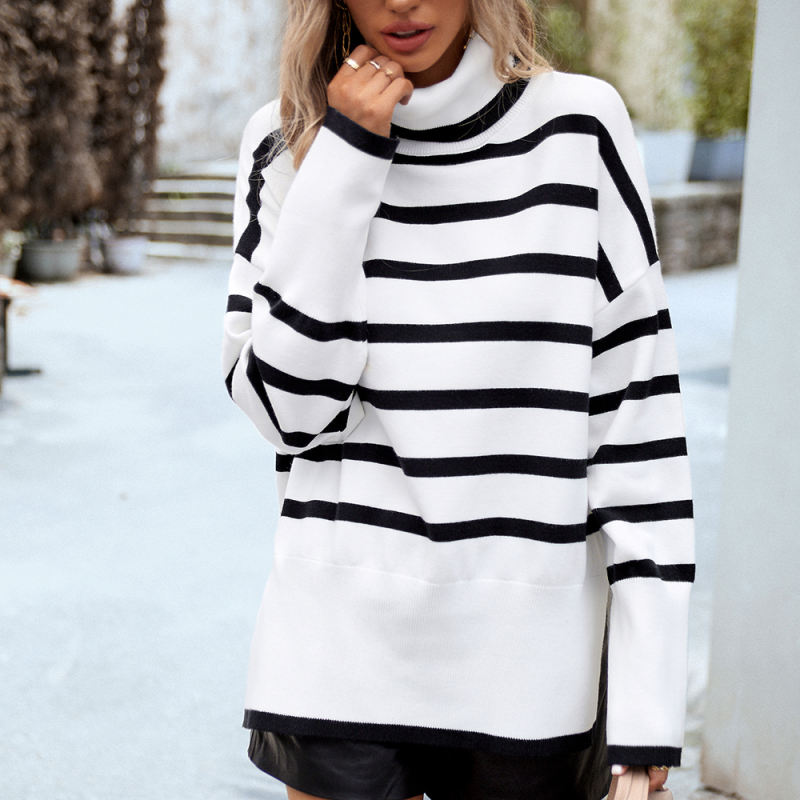 White Striped Turtleneck Loose Style Knit Sweater