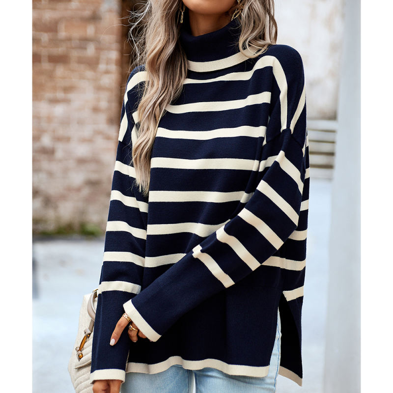 Dark Blue Striped Turtleneck Loose Style Knit Sweater