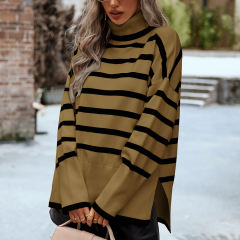Brown Striped Turtleneck Loose Style Knit Sweater