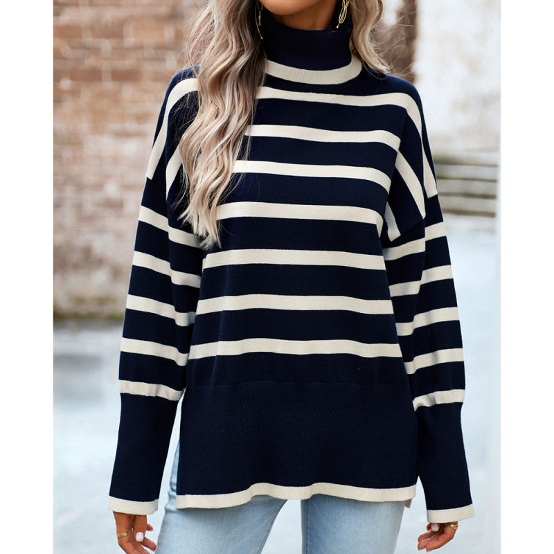 Dark Blue Striped Turtleneck Loose Style Knit Sweater