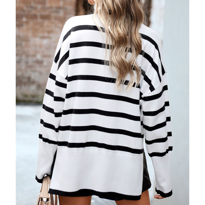 White Striped Turtleneck Loose Style Knit Sweater