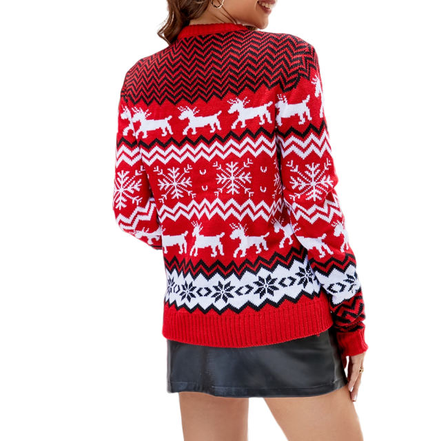 Red Snowflake Pattern Round Neck Chrismas Sweater