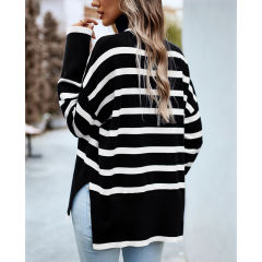 Black Striped Turtleneck Loose Style Knit Sweater