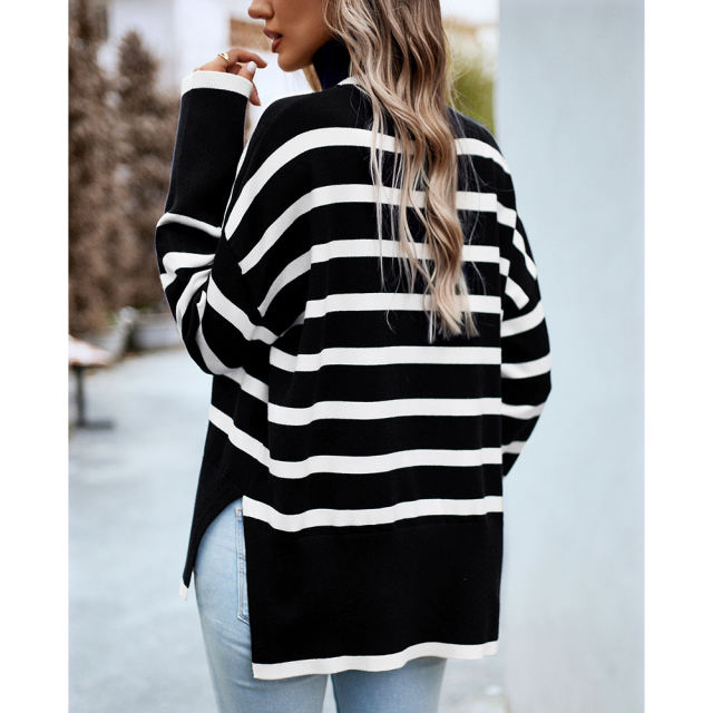 Black Striped Turtleneck Loose Style Knit Sweater