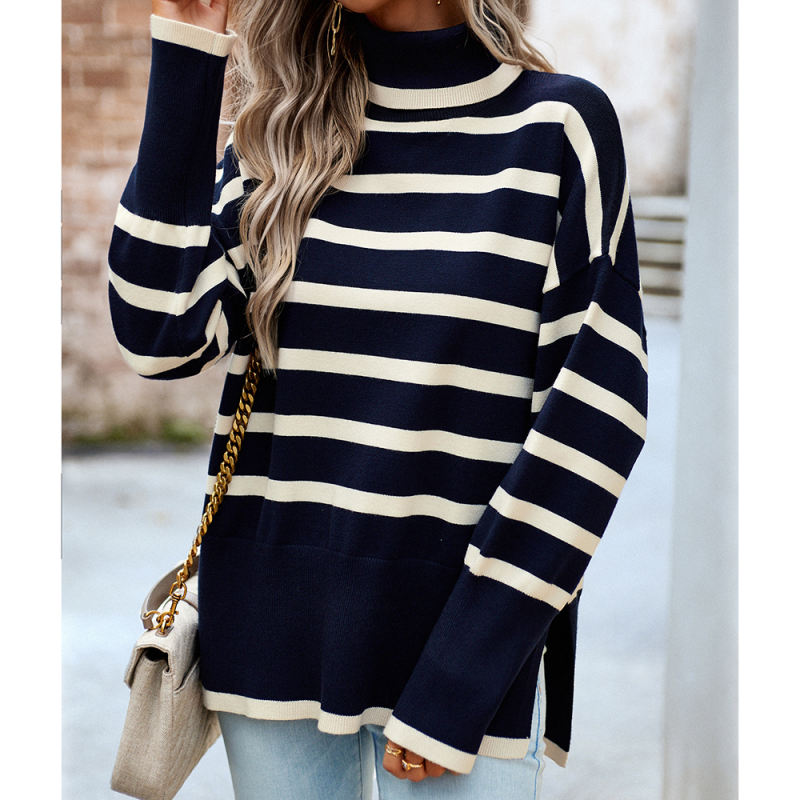 Dark Blue Striped Turtleneck Loose Style Knit Sweater