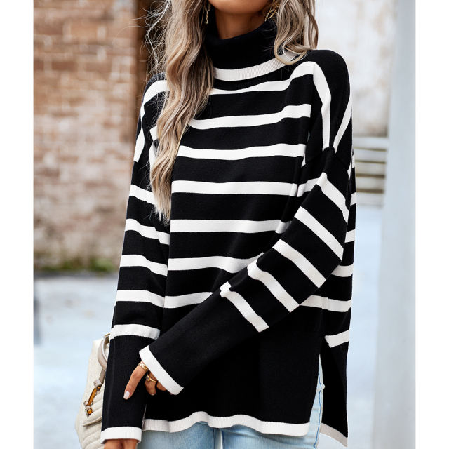 Black Striped Turtleneck Loose Style Knit Sweater