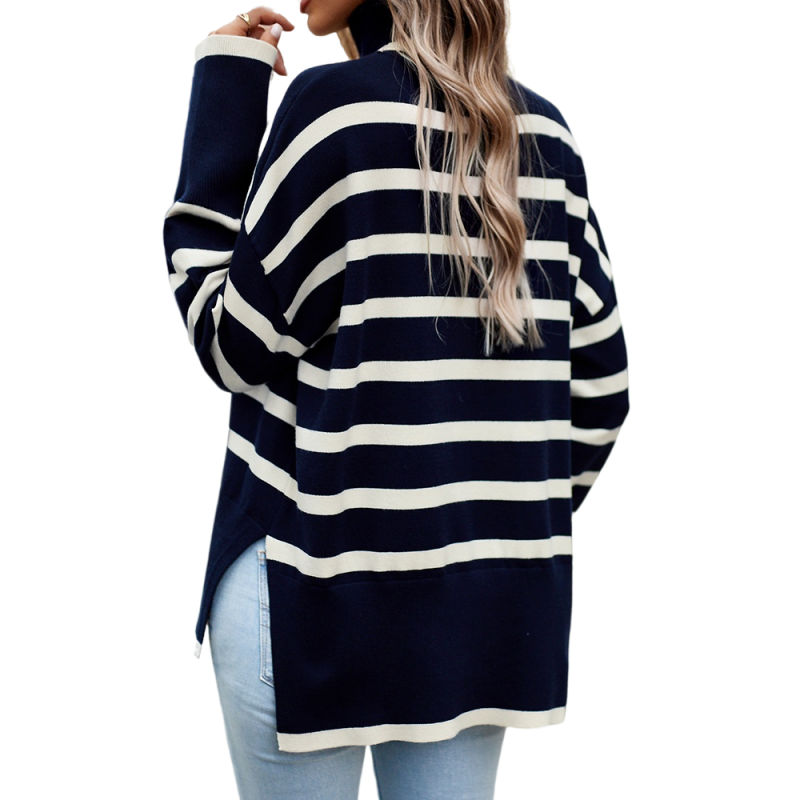 Dark Blue Striped Turtleneck Loose Style Knit Sweater