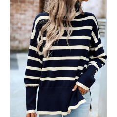 Dark Blue Striped Turtleneck Loose Style Knit Sweater