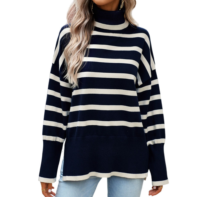 Dark Blue Striped Turtleneck Loose Style Knit Sweater