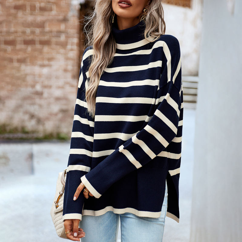 Dark Blue Striped Turtleneck Loose Style Knit Sweater