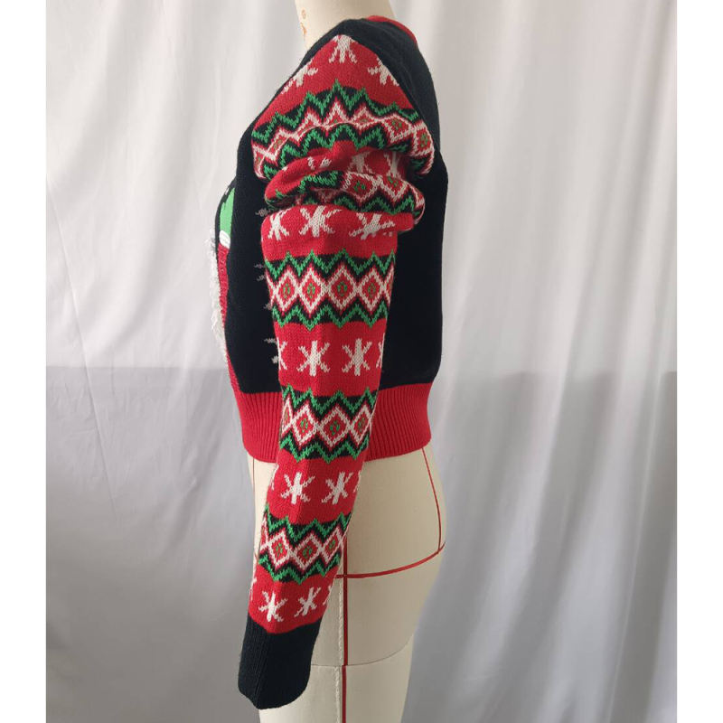 Red Embroidery Snowman Pattern Christmas Sweater
