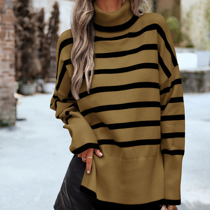 Brown Striped Turtleneck Loose Style Knit Sweater