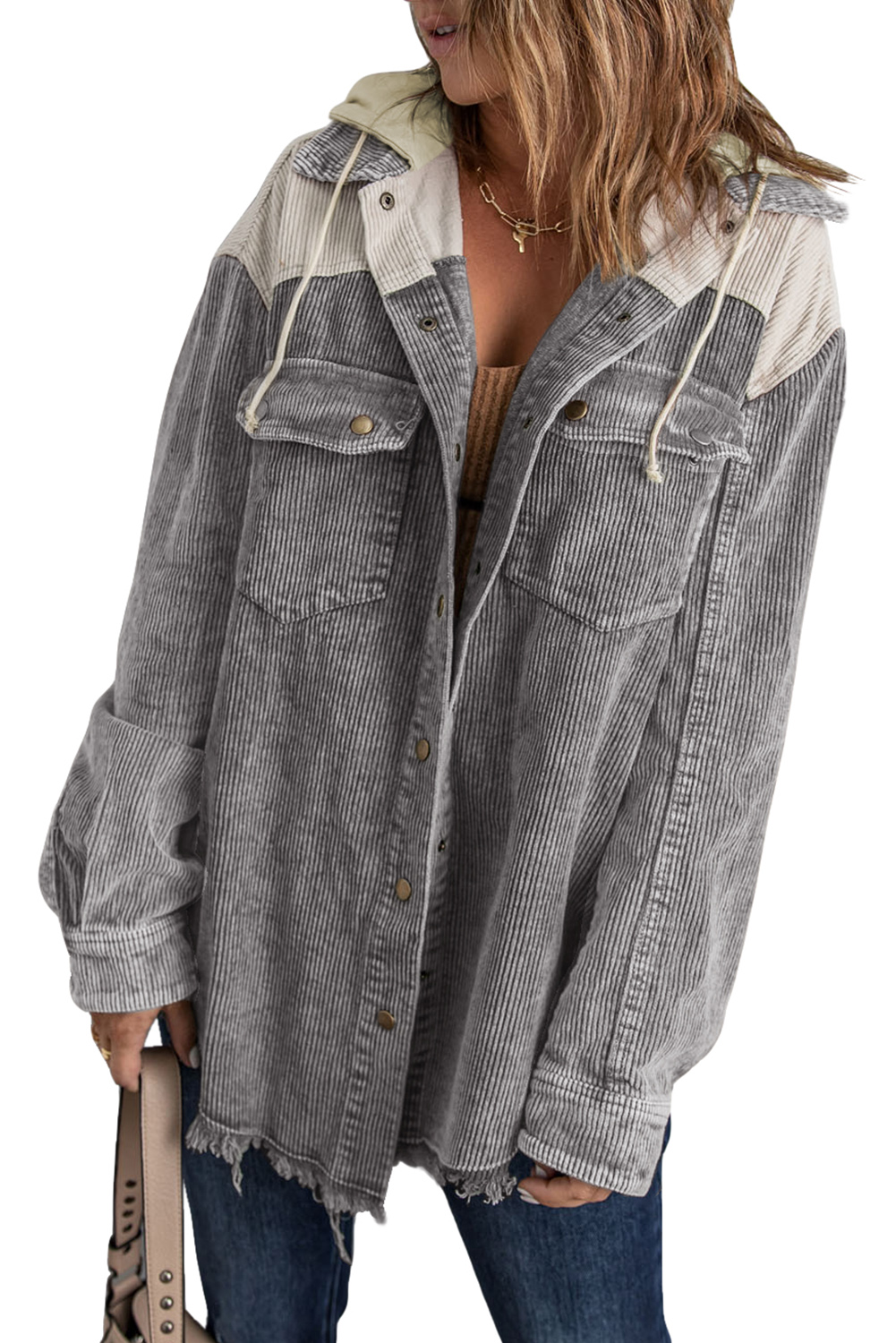 Deconstructed Corduroy Panel Jacket with Zip and Button Detail