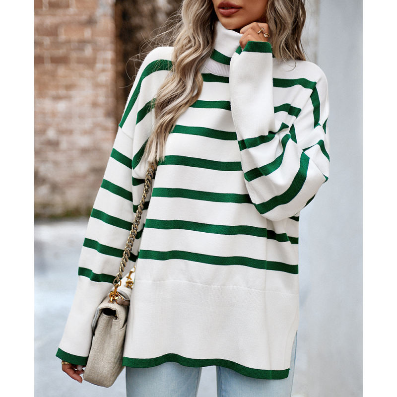 Green Striped Turtleneck Loose Style Knit Sweater