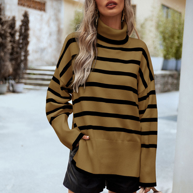 Brown Striped Turtleneck Loose Style Knit Sweater