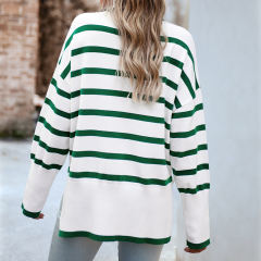 Green Striped Turtleneck Loose Style Knit Sweater