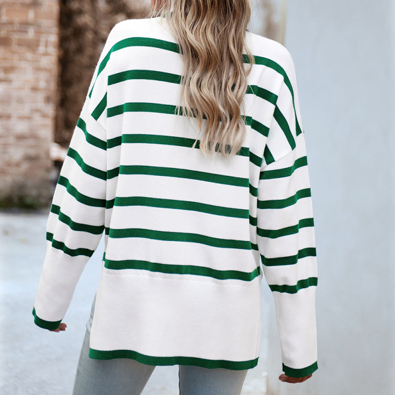 Green Striped Turtleneck Loose Style Knit Sweater