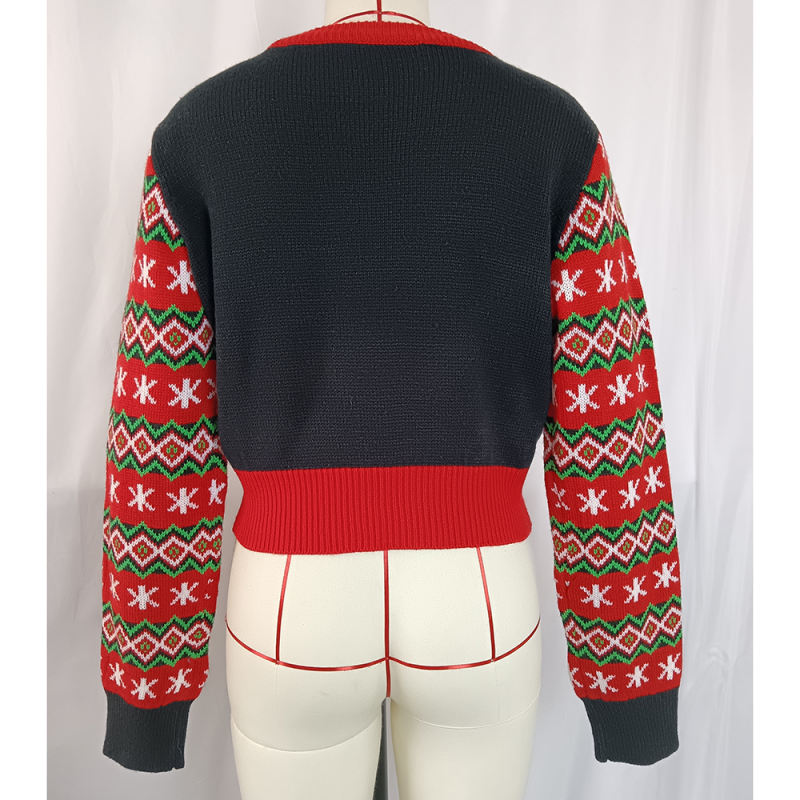 Red Embroidery Snowman Pattern Christmas Sweater