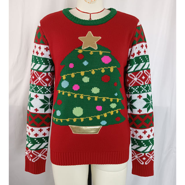Red Embroidery Christmas Tree and Letter Knit Sweater