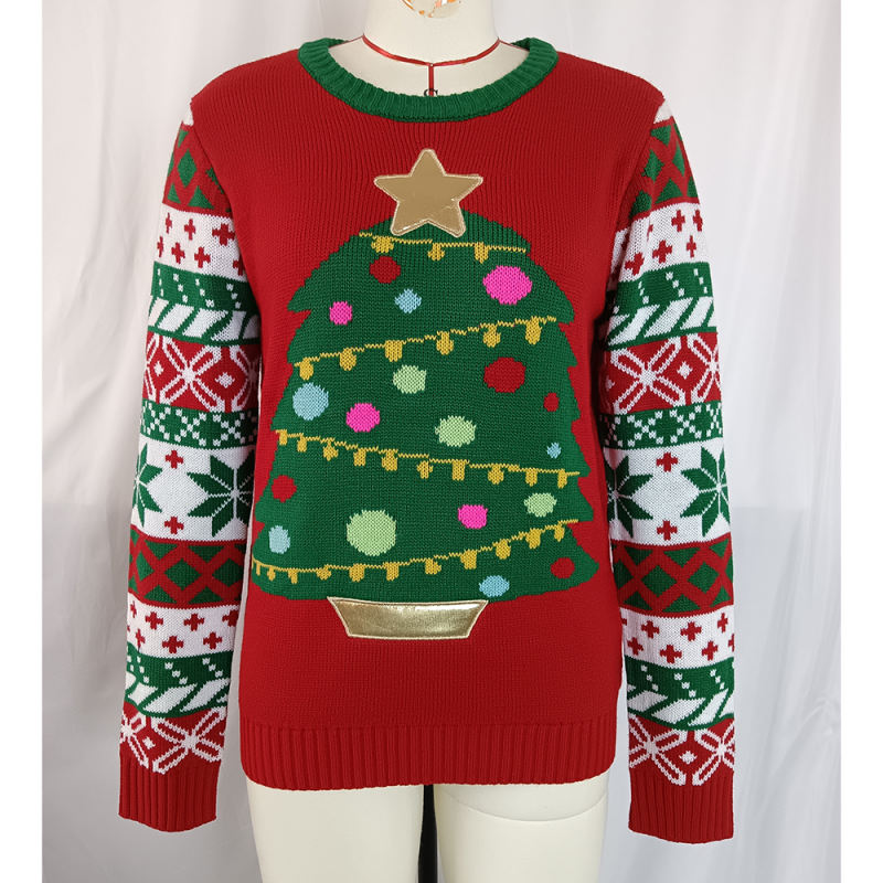 Red Embroidery Christmas Tree and Letter Knit Sweater