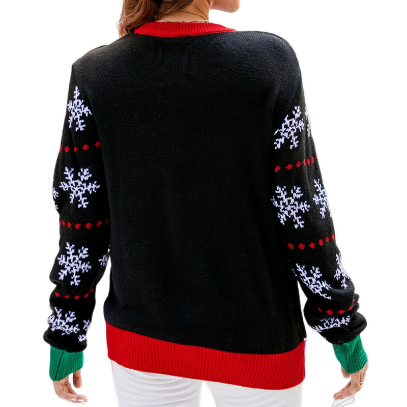 Black Embroidery Snowflake Sleeves Christmas Sweater