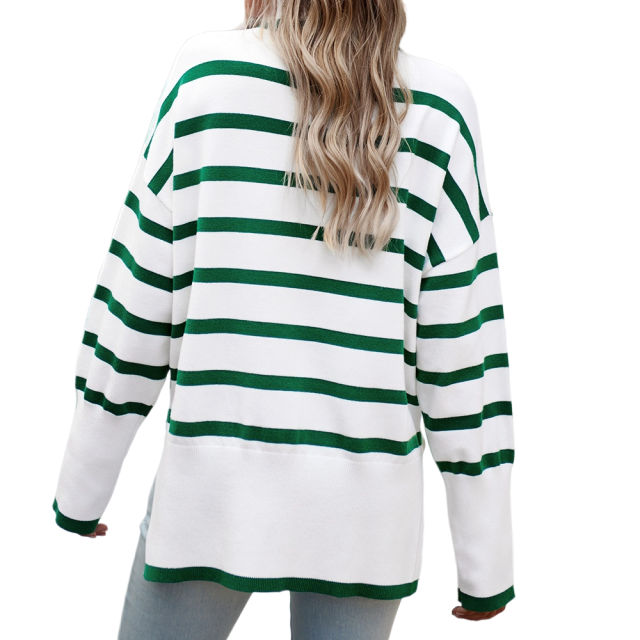 Green Striped Turtleneck Loose Style Knit Sweater