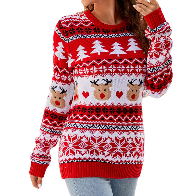Red Casual Pullover Jacquard Christmas Knit Sweater