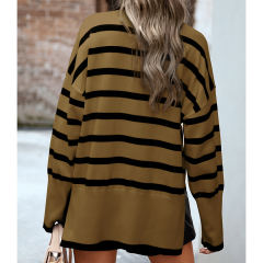 Brown Striped Turtleneck Loose Style Knit Sweater
