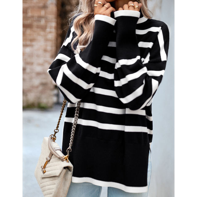 Black Striped Turtleneck Loose Style Knit Sweater