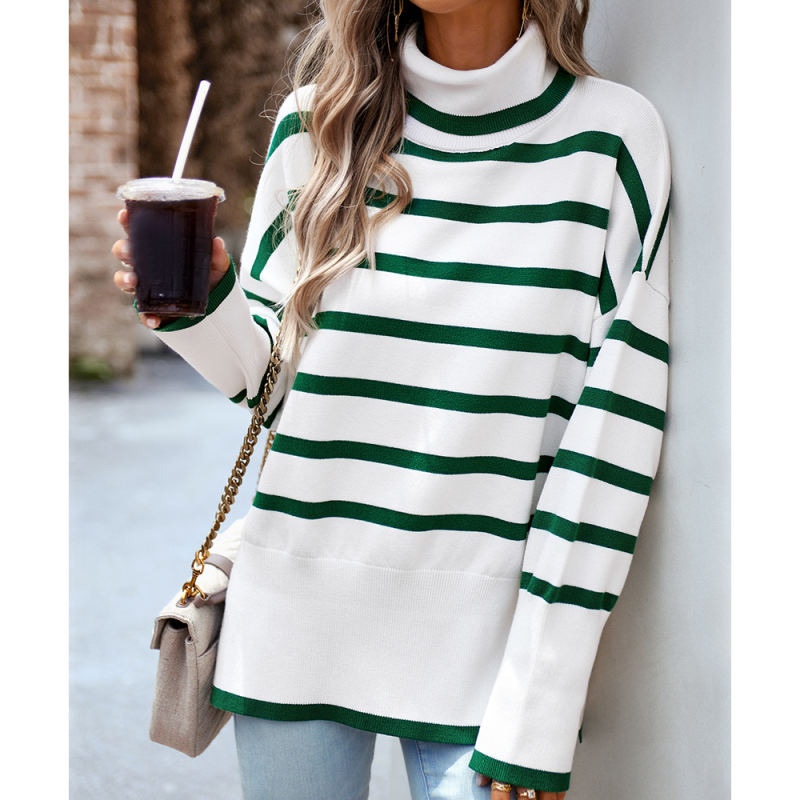 Green Striped Turtleneck Loose Style Knit Sweater