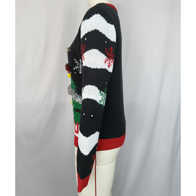 Black Embroidery Letter Pattern Knit Sweater