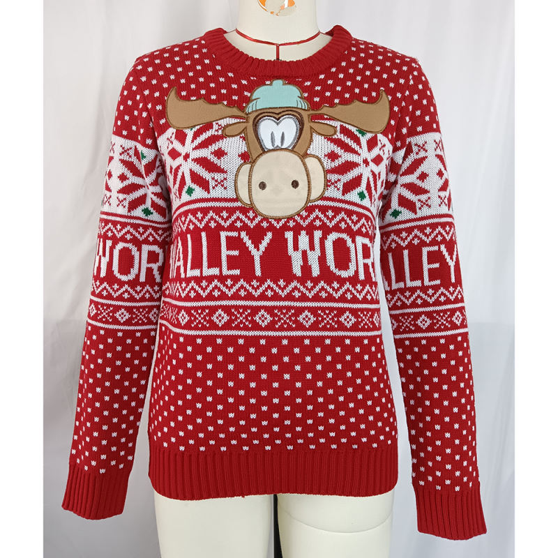 Red Embroidery Cartoon and Letter Pattern Knit Sweater