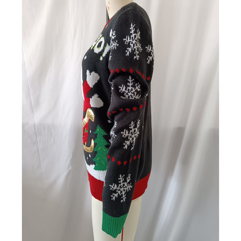 Black Embroidery Snowflake Sleeves Christmas Sweater