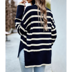 Dark Blue Striped Turtleneck Loose Style Knit Sweater