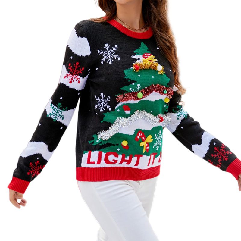 Black Embroidery Letter Pattern Knit Sweater