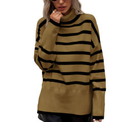 Brown Striped Turtleneck Loose Style Knit Sweater